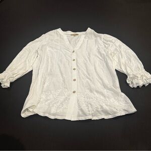 Democracy White Embroidered Boho Blouse Button Front Peasant Top Size S